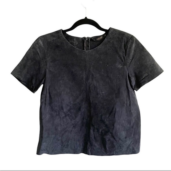 Zara Tops - ZARA Suede Crew Neck Short Sleeve Cropped Blouse Navy Blue S